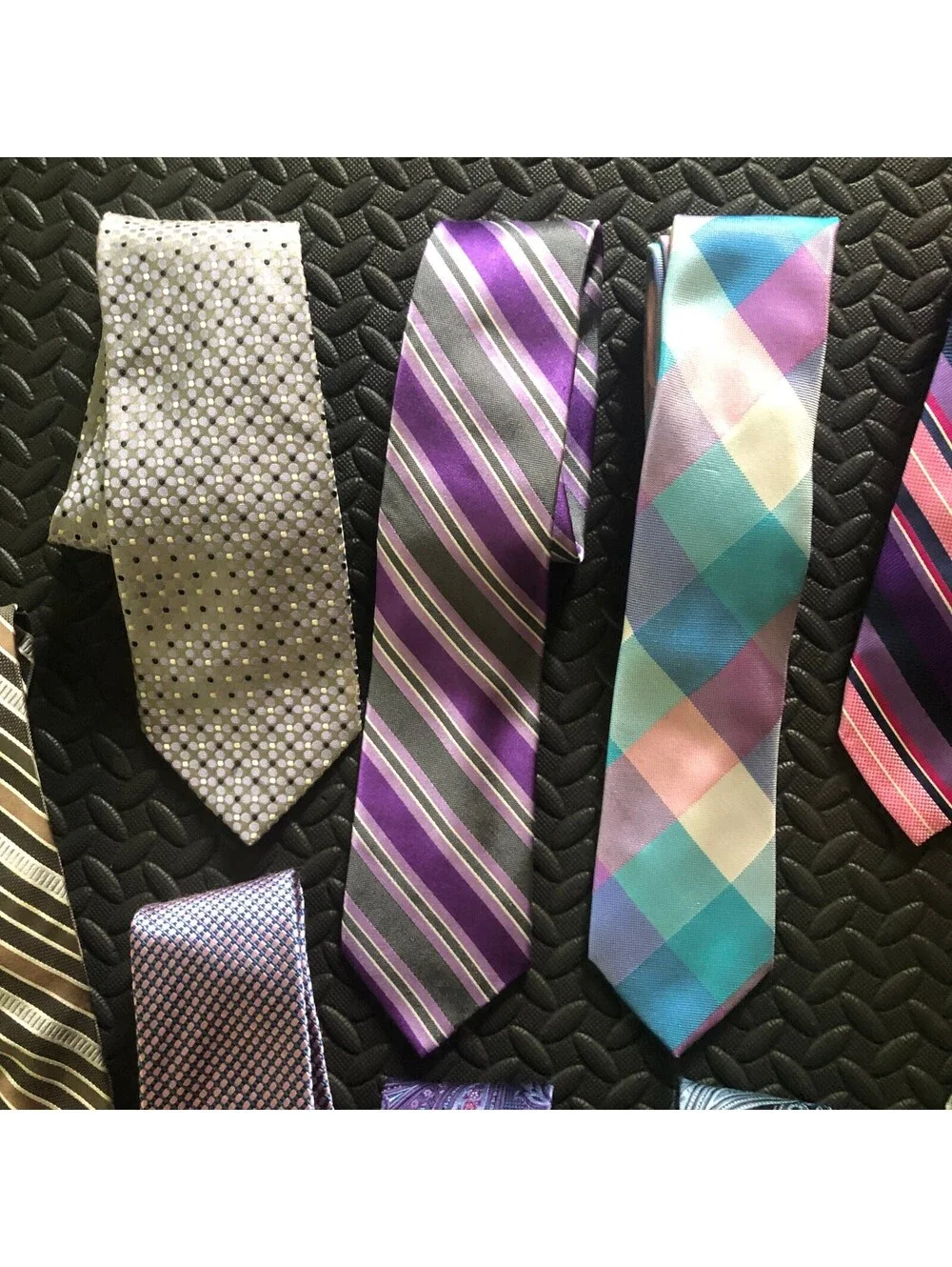 Set of 13 Men's Patterned Silk Ties in Purple, Pink, Blue, and Gold Tones